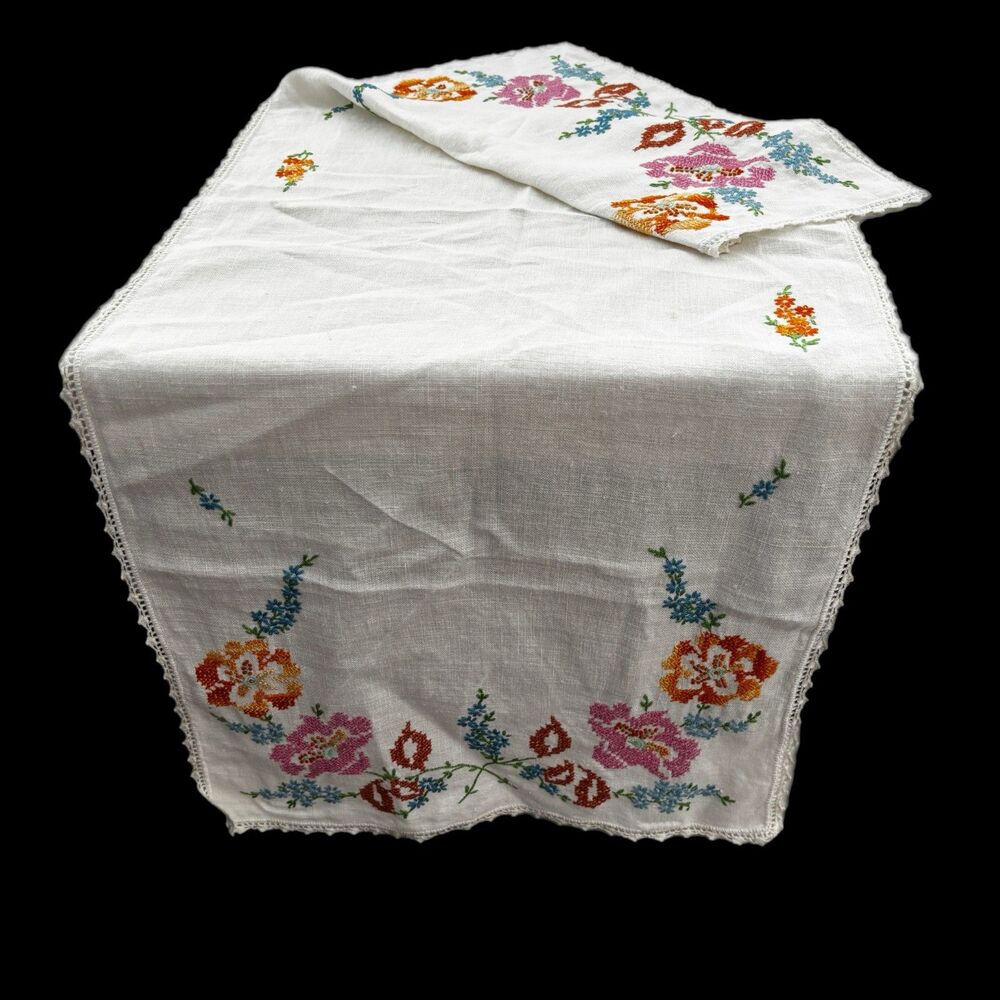 Vintage Cottagecore Embroidered Dresser Scarf Lace Detail Crochet Runner Shabby